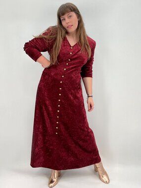 Vintage 90s Bentley Red Crushed Velvet Tie Back Long Sleeve Midi Dress M/L